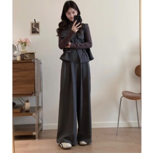 大码胖MM秋高级感套装时尚掐腰显瘦马甲+打底衫+阔腿裤子减龄贵气