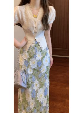 女神轻奢绝美裙子套装夏小香风镂空短袖蕾丝针织衫上衣刺绣半裙子