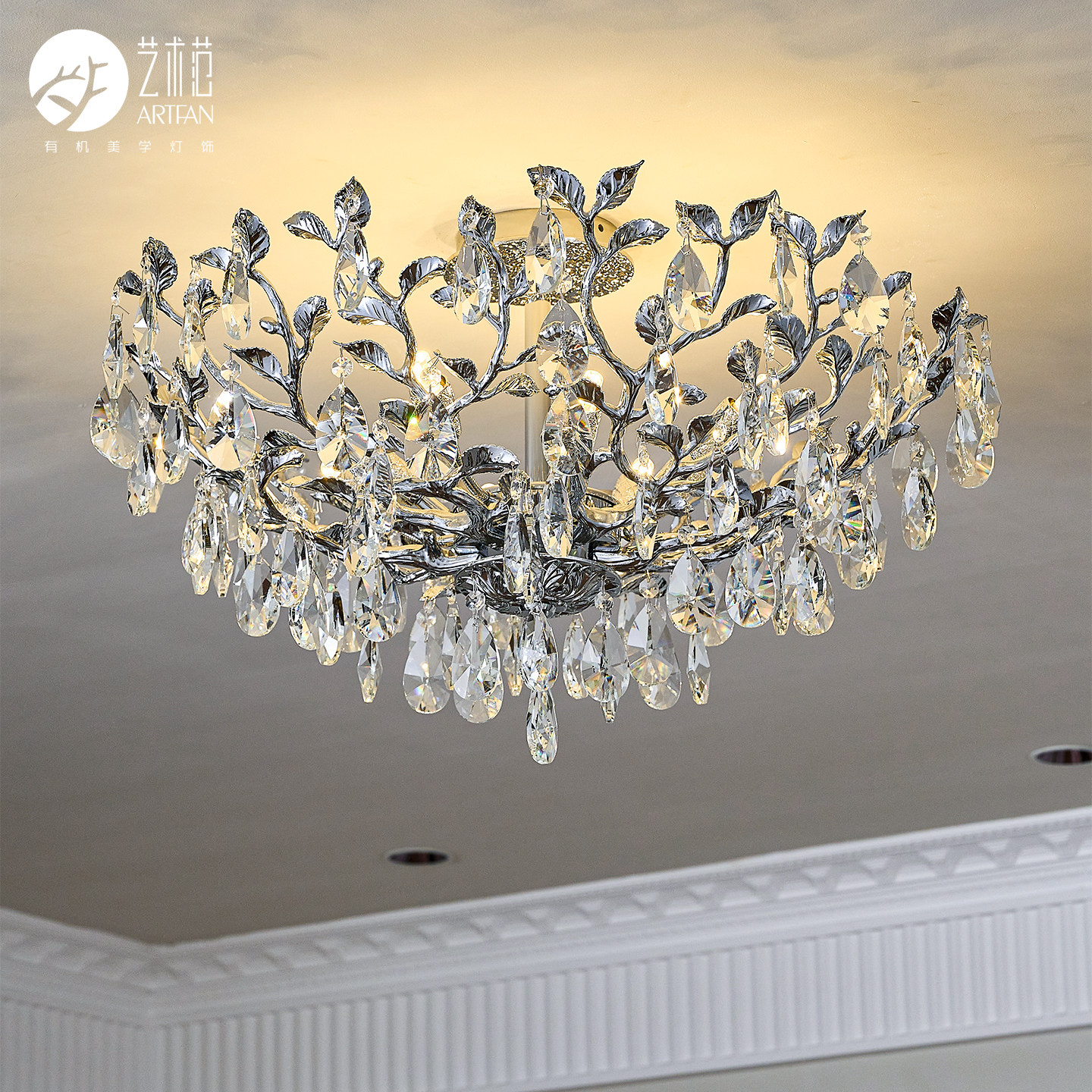 法式轻奢吸顶灯卧室餐厅中古风水晶灯新款客厅银色护眼高级感灯具