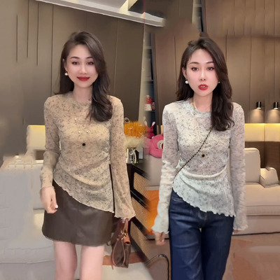 时尚洋气晕染不规则T恤女2026秋季新款修身显瘦圆领长袖斜襟花衫