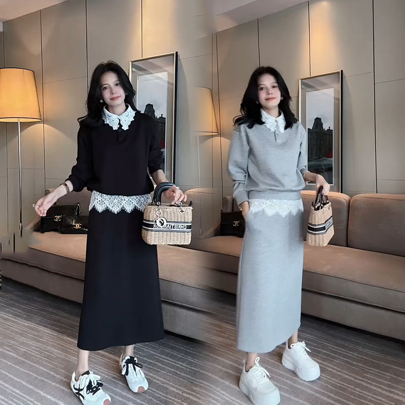 蕾丝领卫衣半身裙名媛时尚套装女