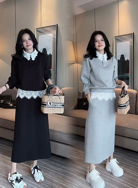 气质名媛时尚洋气套装女2025春季新款韩版蕾丝领卫衣半身裙两件套