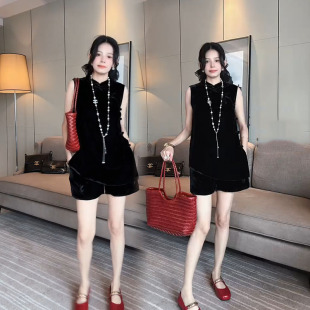 新款 中式 斜盘扣砍袖 丝绒时尚 短裤 女2025夏季 衫 宽松显瘦两件套 套装