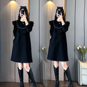 秋冬新款 连衣裙2026韩版 气质显瘦中长设计感钉珠飞边遮肉A字裙女