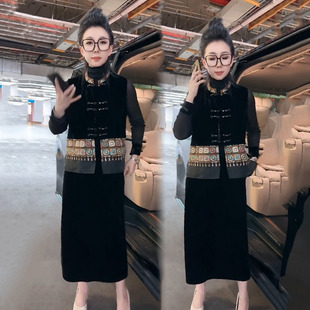 时尚 国风盘扣马甲网纱小衫 套装 新款 半身裙三件套 女2025秋季 新中式