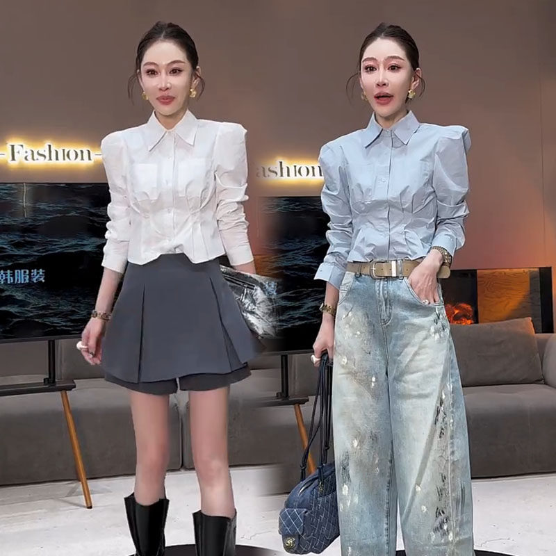 辣妹风POLO领泡泡袖衬衫女2026早春新款时尚收腰显瘦百搭长袖上衣,女装/女士精品,衬衫,淘宝优惠券,粉丝福利购,淘宝优惠卷