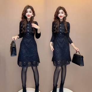 时尚 简约收腰显瘦直筒连衣裙女 舒适纯色加绒蕾丝裙2025年秋冬新款