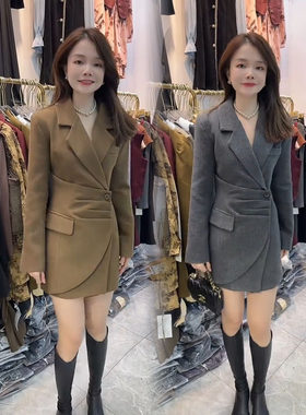 气质名媛休闲个性毛呢西服女2025秋冬新款收腰显瘦一粒扣压褶外套