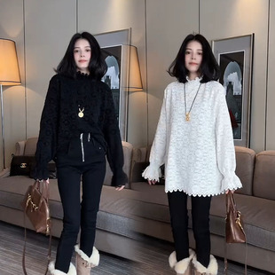 洋气款 女2025秋冬新韩版 喇叭袖 磨毛蕾丝衫 休闲简约打底 中长款 时尚