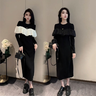 新款 显瘦蕾丝拼接一字连衣裙女2024秋季 气质轻奢高级感裙 韩版 法式