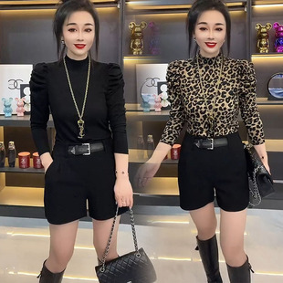 韩版 T恤衫 设计感泡泡袖 寸领长袖 上衣 2024年秋季 百搭豹纹女衫 新款