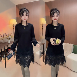 新款 连衣裙2025冬季 洋气百搭遮肉显瘦打底裙 蕾丝拼接长袖 欧货时尚