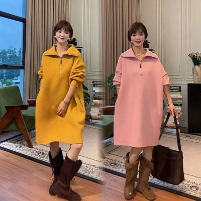 慵懒风拉链宽松休闲翻领卫衣裙女