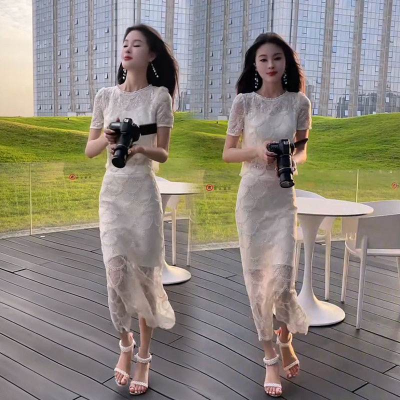 时尚套装女2026夏季新款法式轻熟风蕾丝半袖上衣开叉半身裙两件套