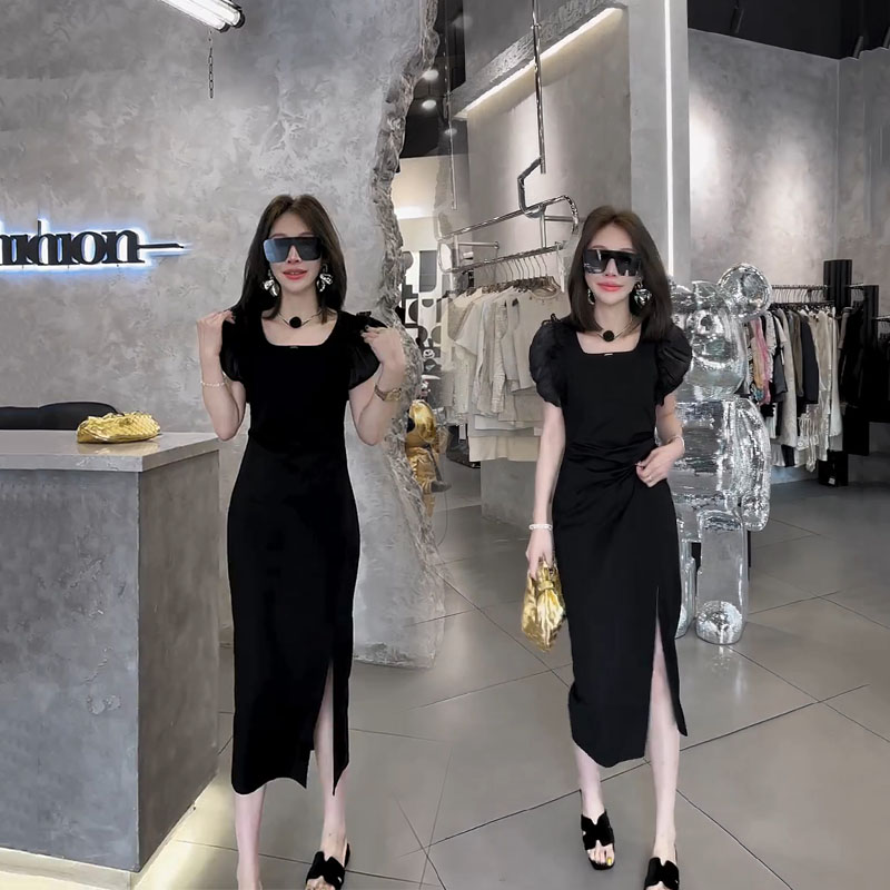 法式泡泡袖时尚修身开叉显瘦裙女