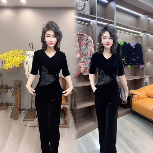 V领丝绒短袖衫直筒裤时尚套装女