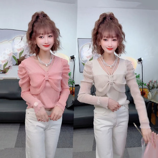 时尚挂脖V领泡泡袖打底衫女2026春季新款亮丝网纱气质显瘦长袖T恤