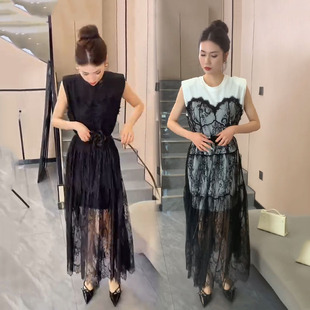 欧货2026夏季网红新款砍袖T恤连衣裙女洋气设计感拼接蕾丝显瘦裙