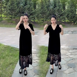 法式轻熟风蕾丝拼接连衣裙女2026年夏季新款时尚简约V领黑色长裙