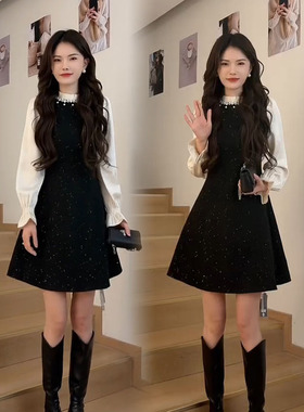 韩系千金风拼接连衣裙女2026早春新款名媛气质钉珠时尚假两件裙子