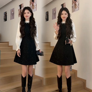 韩系千金风拼接连衣裙女2026早春新款名媛气质钉珠时尚假两件裙子