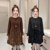 洋气蕾丝拼接圆领长袖 连衣裙女2025冬季 新款 时尚 休闲遮肉中长款 裙