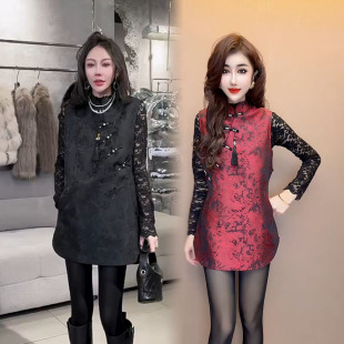 套装 马甲蕾丝打底衫 女2025早春新款 砍袖 两件套 立领盘扣中长款 时尚