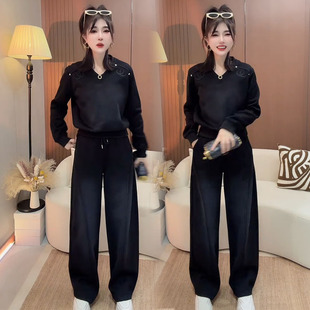 时尚卫衣套装女2026早春新款V领刺绣宽松上衣休闲阔腿裤两件套潮