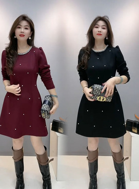 爆款重工钉珠连衣裙女2025春秋新款法式风时尚洋气圆领收腰A字裙