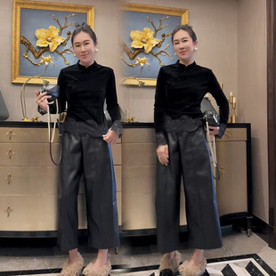 欧货时尚套装女2026早春新款时髦丝绒拼接蕾丝小衫皮阔腿裤两件套