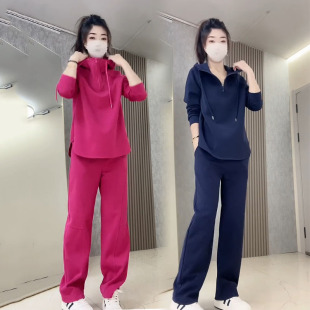 纯色简约遮肉连帽卫衣阔腿裤 新款 两件套潮 女2025秋季 休闲运动套装