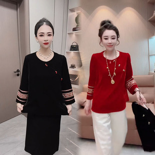 新年红色国风丝绒中式上衣女2026早春新款复古洋气显瘦百搭衬衫潮