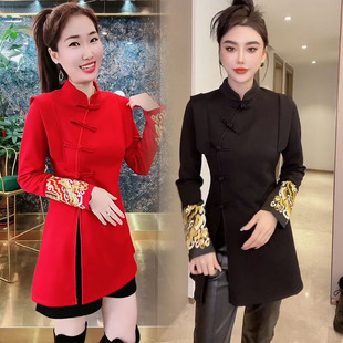 新款 国潮复古盘口刺绣中长款 衬衫 中式 女打底裙潮 裙2023年新款 秋季