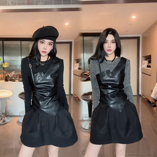 百搭洋气假两件衫 显瘦圆领T恤女设计款 PU皮拼接长袖 2026早春新款