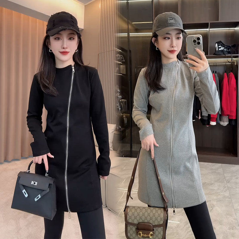 欧货时尚不规则中长款拉链连衣裙女2026早春新款修身显瘦百搭上衣