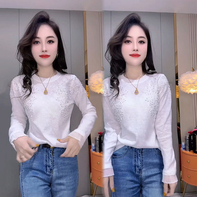 港式爆款轻奢串珠亮片长袖T恤女