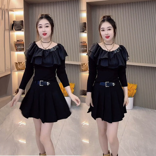 T恤上衣 气质荷叶边一字领拼接皮扣百搭显瘦长袖 2025早秋新款 时尚