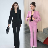 花瓣扣时尚 套装 短款 2025春季 高腰微喇叭裤 收腰修身 西装 两件套 新款
