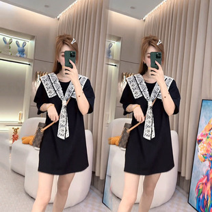 宽松显瘦减龄蕾丝飘带大T恤衫 海军领连衣裙2025春夏新款 韩版 时尚