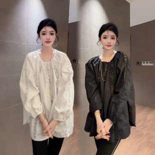 欧货洋气蕾丝拼接圆领大衫2026春季新款慵懒风七分袖中长款衬衫女