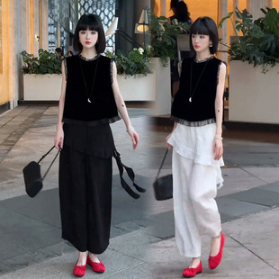 时尚套装女2026夏季新款洋气显瘦无袖丝绒上衣屁帘裤腿裤两件套潮