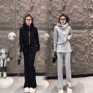韩版时尚套装女2025春季新款时尚连帽双拉链卫衣围裙休闲裤两件套