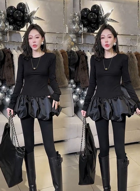 欧货蓬蓬裙女2025早春新款圆领修身中长款下摆蓬蓬时尚拉绒打底衫