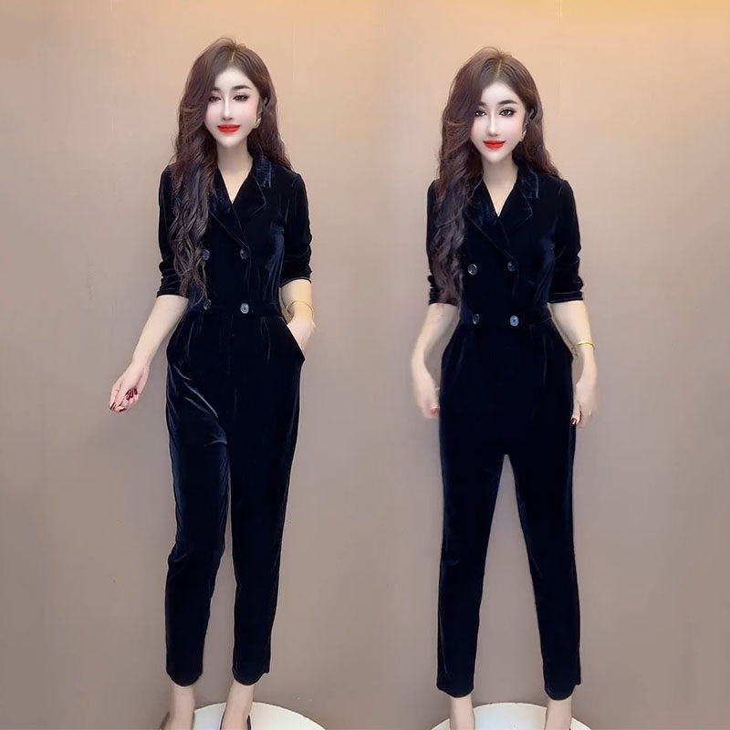 欧货名媛风丝绒连体裤2025秋季网红新款双排扣长袖高腰休闲小脚裤,女装/女士精品,连体衣/裤,淘宝优惠券,粉丝福利购,淘宝优惠卷