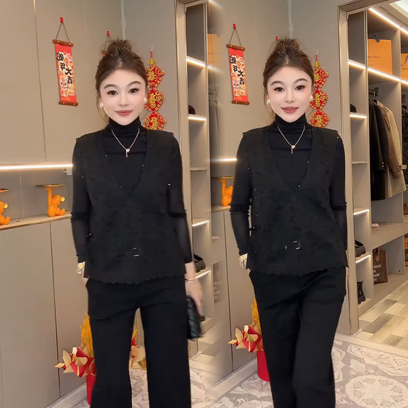 欧货时尚套装女2025春季新款洋气V领钉珠蕾丝马甲高领小衫两件套,女装/女士精品,时尚套装,淘宝优惠券,粉丝福利购,淘宝优惠卷