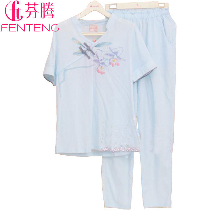 芬腾2020夏季天新款梭织棉麻睡衣女士套装花朵短袖长裤棉布家居服