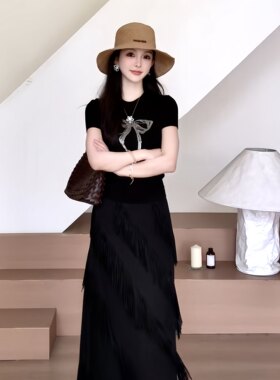 YYstudio黑色斜纹流苏半身裙女 2026 高腰垂感显瘦气质A字裙5854