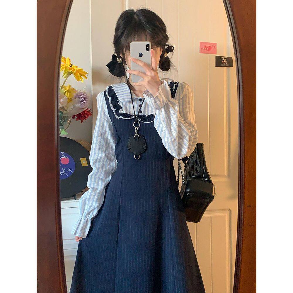 【海岛少女】秋款法式气质假两件长袖连衣裙女学院风收腰长裙