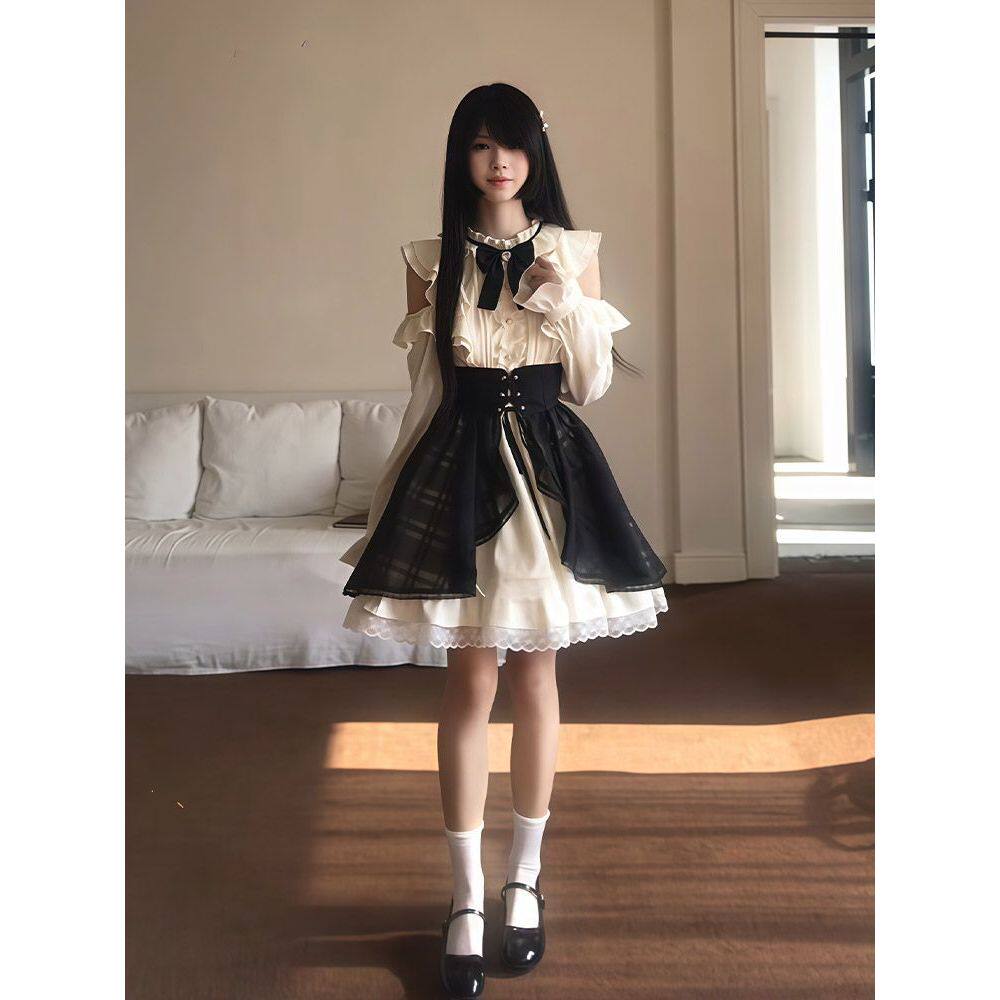 【黑松露蛋糕】日系甜美学院风气质蝴蝶结连衣裙+格纹罩裙两件套