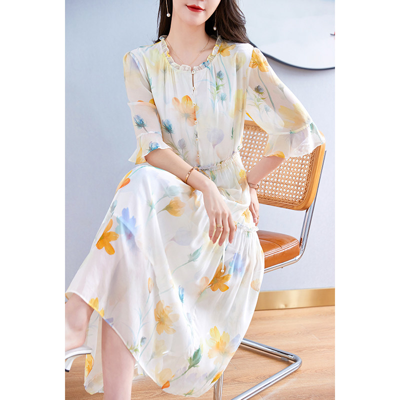 印花宽松显瘦女士100%桑蚕丝轻奢气质2025新款夏季桑蚕丝连衣裙女